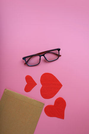 Valentine's Day background. Gifts, confetti, Valentines day concept. Flat lay, top view, copy space, Banner background.の写真素材
