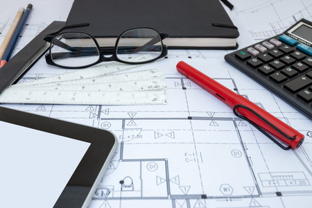 architect design working drawing sketch plans blueprints in architect studio