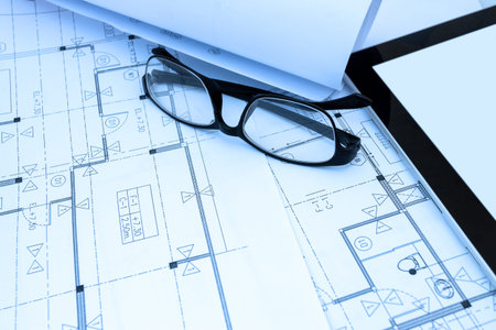 architect design working drawing sketch plans blueprints in architect studio