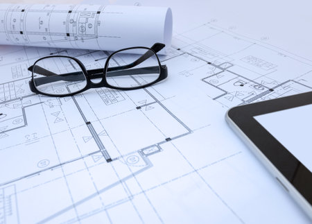 architect design working drawing sketch plans blueprints in architect studioの写真素材