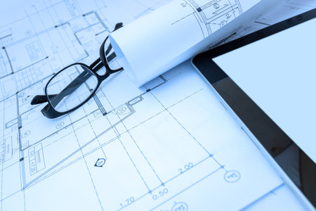 architect design working drawing sketch plans blueprints in architect studioの写真素材