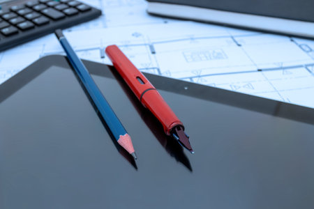 architect design working drawing sketch plans blueprints in architect studio