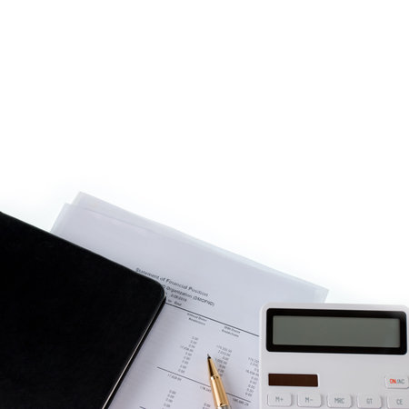 notebook, calculator and other office supplies with copy space.