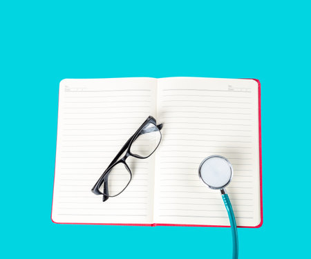 Doctor's tools on cyan background, Medical, health care conceptの写真素材