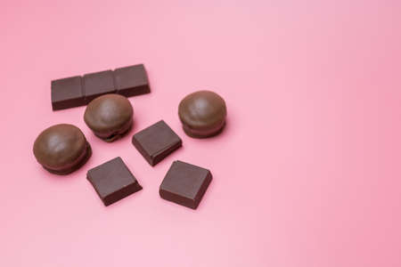 Valentine dark chocolate on pink background, Valentines Day Themeの写真素材