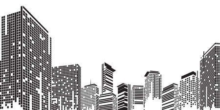 Cityscape on white background, Building perspective, Modern building in the city skyline, city silhouette, city skyscrapers, Business center, Vector illustration in flat design.のイラスト素材