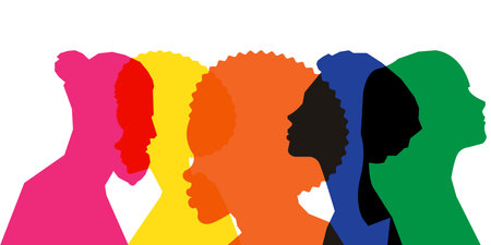 Colored silhouette people, Multiple exposure, Concept on diversity and teamworkのイラスト素材