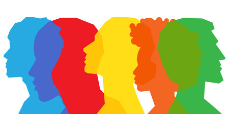 Colored silhouette people, Multiple exposure, Concept on diversity and teamworkのイラスト素材