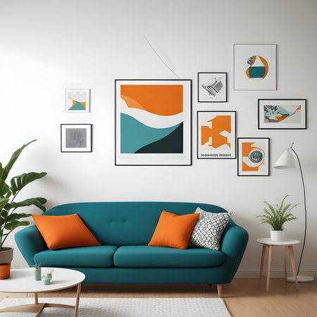 Colorful living room, modern shape sofa Beautiful, brightly colored walls make it lively.の素材