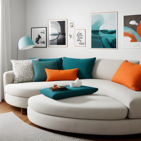 Colorful living room, modern shape sofa Beautiful, brightly colored walls make it lively.の素材