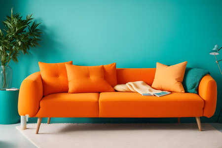 Colorful living room, modern shape sofa Beautiful, brightly colored walls make it lively.の素材
