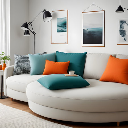 Colorful living room, modern shape sofa Beautiful, brightly colored walls make it lively.の素材
