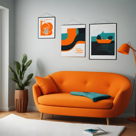 Colorful living room, modern shape sofa Beautiful, brightly colored walls make it lively.の素材
