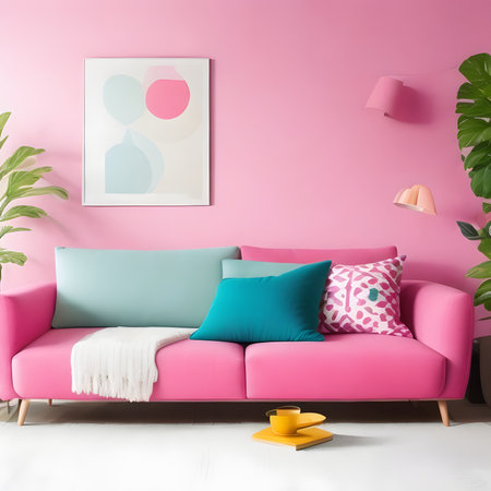 Colorful living room, modern shape sofa Beautiful, brightly colored walls make it lively.の素材