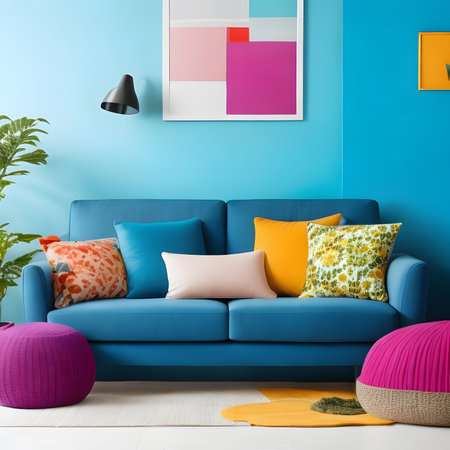 Colorful living room, modern shape sofa Beautiful, brightly colored walls make it lively.の素材