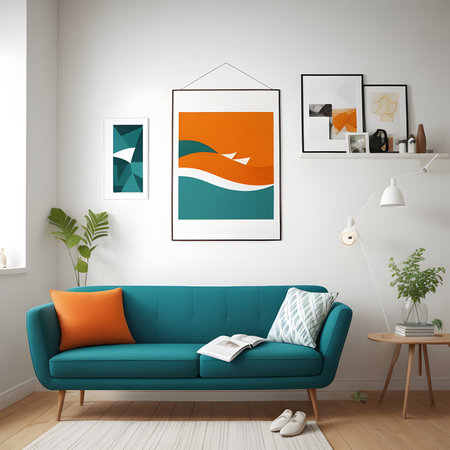 Colorful living room, modern shape sofa Beautiful, brightly colored walls make it lively.の素材