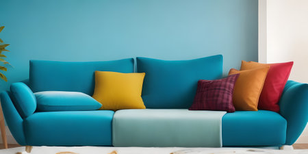 Colorful living room, modern shape sofa Beautiful, brightly colored walls make it lively.の素材