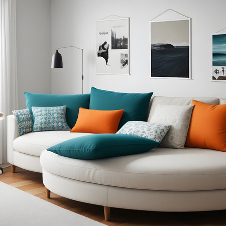 Colorful living room, modern shape sofa Beautiful, brightly colored walls make it lively.の素材