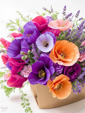 The poppy flowers come in various shades, ranging from fiery reds and rich oranges to soft pinks and elegant whites. Each bloom is a masterpiece of nature.の素材