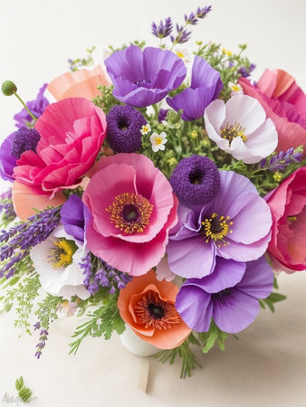 The poppy flowers come in various shades, ranging from fiery reds and rich oranges to soft pinks and elegant whites. Each bloom is a masterpiece of nature.の素材