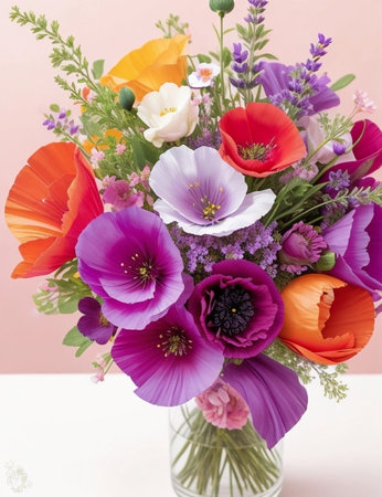 The poppy flowers come in various shades, ranging from fiery reds and rich oranges to soft pinks and elegant whites. Each bloom is a masterpiece of nature.の素材