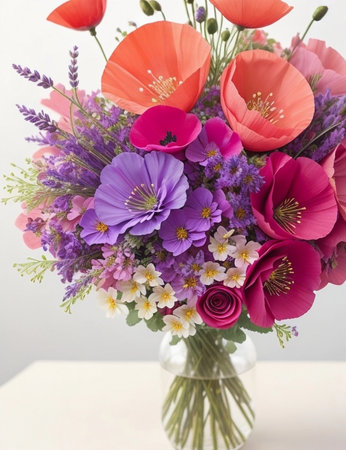 The poppy flowers come in various shades, ranging from fiery reds and rich oranges to soft pinks and elegant whites. Each bloom is a masterpiece of nature.の素材