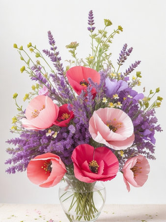 The poppy flowers come in various shades, ranging from fiery reds and rich oranges to soft pinks and elegant whites. Each bloom is a masterpiece of nature.の素材