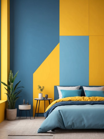 Bed against vibrant yellow and blue wall with copy space. Minimalist interior design of modern bedroom.の素材