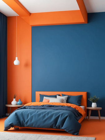 Bed against vibrant orange and blue wall with copy space. Minimalist interior design of modern bedroom.の素材