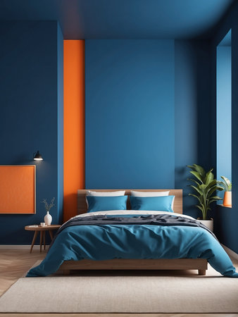 Bed against vibrant orange and blue wall with copy space. Minimalist interior design of modern bedroom.の素材