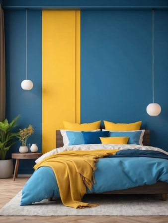 Bed against vibrant yellow and blue wall with copy space. Minimalist interior design of modern bedroom.の素材