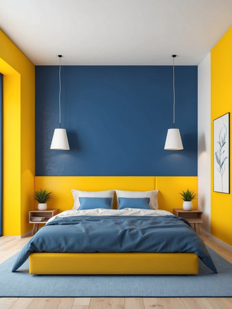 Bed against vibrant yellow and blue wall with copy space. Minimalist interior design of modern bedroom.の素材