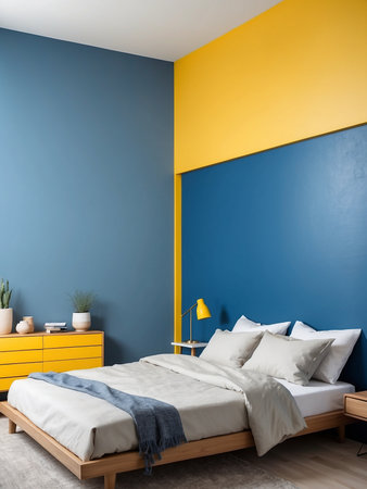 Bed against vibrant yellow and blue wall with copy space. Minimalist interior design of modern bedroom.の素材