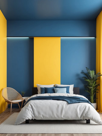 Bed against vibrant yellow and blue wall with copy space. Minimalist interior design of modern bedroom.の素材