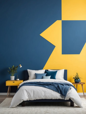Bed against vibrant yellow and blue wall with copy space. Minimalist interior design of modern bedroom.の素材
