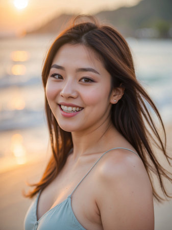 Beautiful woman with straight brown hair, light blue eyes, uneven skin, distinctive, unconventional and vulnerable appearanceの素材