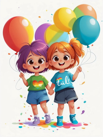 Cute bright boy and girl with rainbow hair holding balloons in cartoon style on white background.の素材