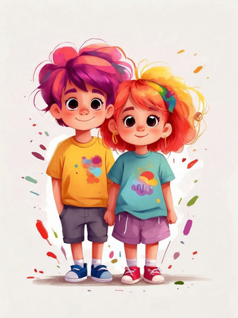 Bright cute boys and girls with rainbow colored hair in cartoon style on a white background.の素材