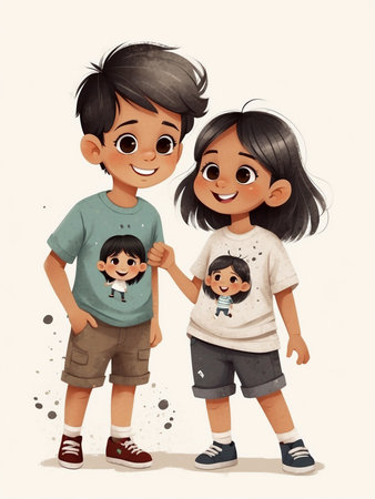 Bright cute boys and girls in cartoon style on a white background.の素材