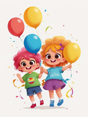 Cute bright boy and girl with rainbow hair holding balloons in cartoon style on white background.の素材