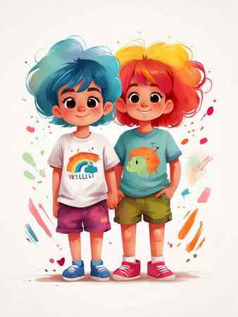 Bright cute boys and girls with rainbow colored hair in cartoon style on a white background.の素材