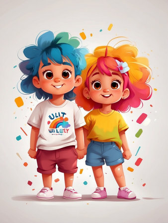 Bright cute boys and girls with rainbow colored hair in cartoon style on a white background.の素材