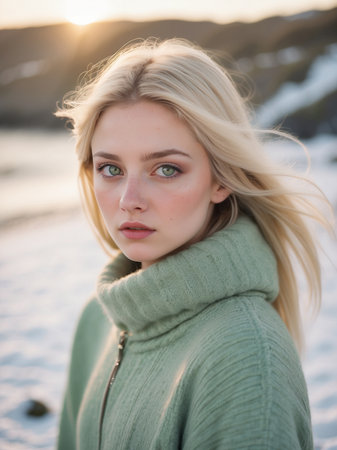 Beautiful woman with straight blond hair, light blue eyes, uneven skin, distinctive, unconventional and vulnerable appearanceの素材