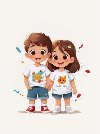 Colorful Watercolor Cartoon of a Cute and Cheerful Romantic Coupleの素材