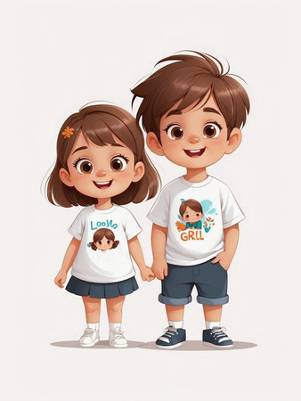 Colorful Watercolor Cartoon of a Cute and Cheerful Romantic Coupleの素材