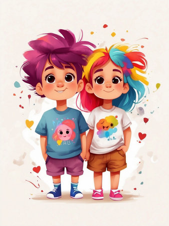 Bright cute boys and girls with rainbow colored hair in cartoon style on a white background.の素材