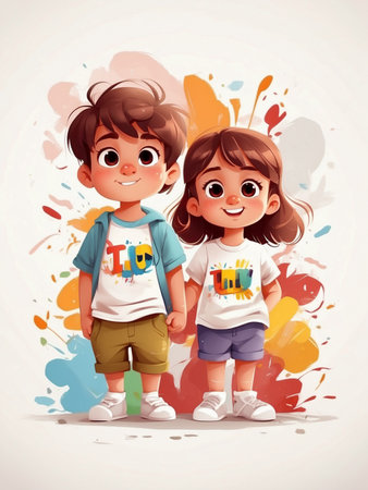Colorful Watercolor Cartoon of a Cute and Cheerful Romantic Coupleの素材