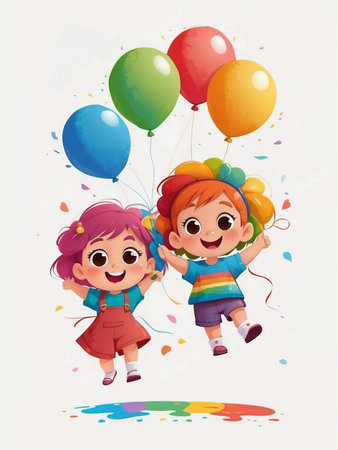 Cute bright boy and girl with rainbow hair holding balloons in cartoon style on white background.の素材