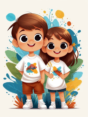 Colorful Watercolor Cartoon of a Cute and Cheerful Romantic Coupleの素材