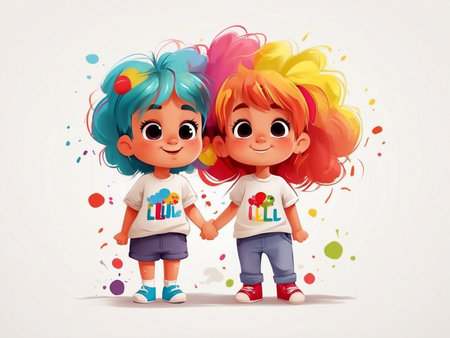 Bright cute boys and girls with rainbow colored hair in cartoon style on a white background.の素材